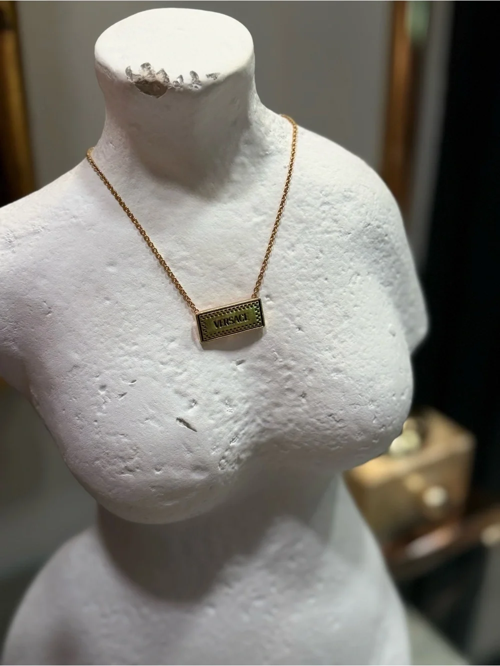 Versace Gold Logo Bar Necklace with Pink Floral Accent